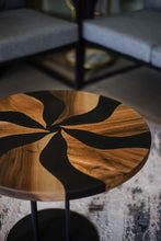 Load image into Gallery viewer, Small round coffee table, low wood end table, round accent epoxy coffee table, natural wood rustic end table, resin living room table

