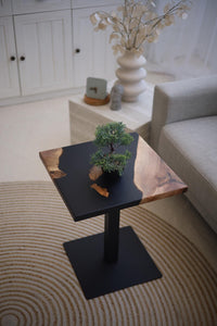 Black coffee table, square epoxy side table, living room decor, natural wood table, small resin end table, wood sofa table, gift for home