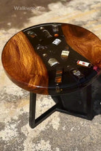 Load image into Gallery viewer, Unique Handmade Resin Side or coffee Table, With Bottles inside  Fully Customizable- any size,shape, height, base style.
