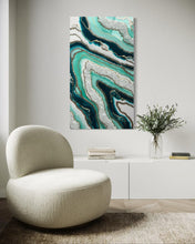 Load image into Gallery viewer, Green &amp; Gold Resin Geode Wall Art: 28x16 Crystal Painting
