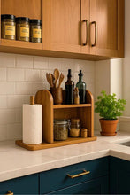 Load image into Gallery viewer, Handmade pure Wood Rustic Wooden Kitchen Organizer – Spice Rack &amp; Paper Towel Holder Shelf
