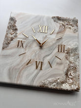 Load image into Gallery viewer, Square Marble Geode Wall Clock – Beige, Cream &amp; Gray Resin Art Clock with Gold Crystals – Luxury Modern Statement Wall Decor - 12 Inch
