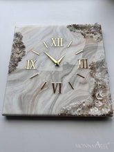 Load image into Gallery viewer, Square Marble Geode Wall Clock – Beige, Cream &amp; Gray Resin Art Clock with Gold Crystals – Luxury Modern Statement Wall Decor - 12 Inch
