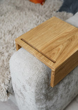 Load image into Gallery viewer, Couch side table, phone remote holder, handmade solid oak furniture, armrest organizer
