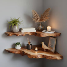 Load image into Gallery viewer, Handcrafted Live Edge Wood Corner Shelf – Rustic Floating Wall Decor Set of 2
