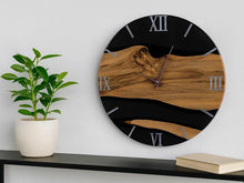 Load image into Gallery viewer, Wood and Epoxy Resin Wall Clock | Unique Wood River Clock | Large Modern Rustic Home Decor | | Anniversary or Housewarming Gift
