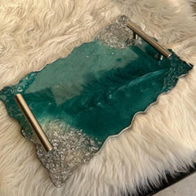 Load image into Gallery viewer, Handmade Custom Resin Serving Tray with Handles | Ocean Blue Epoxy Tray | Luxury Home Decor | Coffee Table &amp; kitchen Decor, gift
