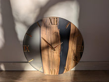 Load image into Gallery viewer, Wood &amp; Epoxy Resin Wall Clock, Minimalist Handmade Wooden Clock, Matte Finish, Mirror Acrylic Numbers, Modern Home Decor
