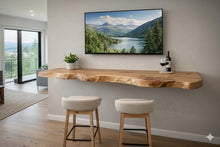 Load image into Gallery viewer, Rustic Live Edge Floating Wooden Tv Stand - Rustic Live Edge TV Stand - Natural Live Edge Floating TV Shelf - Handmade Solid Wood TV Console
