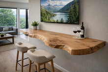 Load image into Gallery viewer, Rustic Live Edge Floating Wooden Tv Stand - Rustic Live Edge TV Stand - Natural Live Edge Floating TV Shelf - Handmade Solid Wood TV Console
