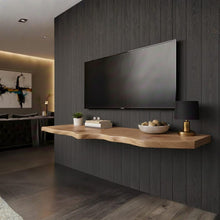 Load image into Gallery viewer, Rustic Live Edge Floating TV Shelf - Solid Wood Wall Mounted Console - Natural Live Edge Floating TV Shelf - Handmade Solid Wood TV Console
