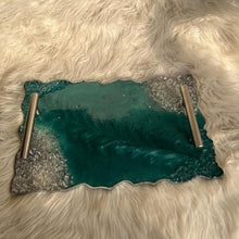 Load image into Gallery viewer, Handmade Custom Resin Serving Tray with Handles | Ocean Blue Epoxy Tray | Luxury Home Decor | Coffee Table &amp; kitchen Decor, gift
