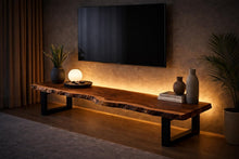 Load image into Gallery viewer, Long Live Edge Wooden TV Stand, Solid Wood Media Console, Thick Metal Frame Legs, Minimalist Modern TV Unit, Handmade Natural Wood Furniture
