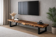 Load image into Gallery viewer, Long Live Edge Wooden TV Stand, Solid Wood Media Console, Thick Metal Frame Legs, Minimalist Modern TV Unit, Handmade Natural Wood Furniture
