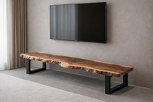 Load image into Gallery viewer, Long Live Edge Wooden TV Stand, Solid Wood Media Console, Thick Metal Frame Legs, Minimalist Modern TV Unit, Handmade Natural Wood Furniture
