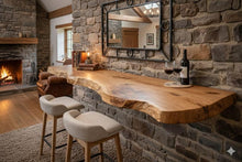 Load image into Gallery viewer, Rustic Live Edge Floating Wooden Tv Stand - Rustic Live Edge TV Stand - Natural Live Edge Floating TV Shelf - Handmade Solid Wood TV Console
