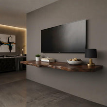 Load image into Gallery viewer, Rustic Live Edge Floating TV Shelf - Solid Wood Wall Mounted Console - Natural Live Edge Floating TV Shelf - Handmade Solid Wood TV Console
