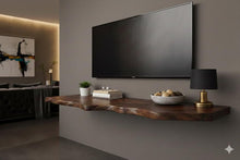 Load image into Gallery viewer, Rustic Live Edge Floating Wooden TV Stand - Floating Wooden TV Stand - Natural Media Cabinet - Handmade Solid Wood TV Console - Home Decor
