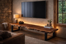 Load image into Gallery viewer, Long Live Edge Wooden TV Stand, Solid Wood Media Console, Thick Metal Frame Legs, Minimalist Modern TV Unit, Handmade Natural Wood Furniture
