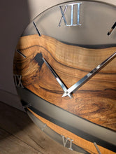 Load image into Gallery viewer, Solid Wood &amp; Epoxy Resin Wall Clock, Handmade Modern Wall Clock, Mirror Acrylic Roman Numerals, Matte Finish, Large Wooden Wall Clock
