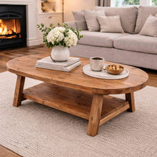 Load image into Gallery viewer, Wooden Farmhouse Coffee Table with Storage, Solid Wood Rustic Oval Sofa Table, Handcrafted Teakwood Center Table
