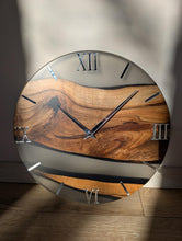Load image into Gallery viewer, Solid Wood &amp; Epoxy Resin Wall Clock, Handmade Modern Wall Clock, Mirror Acrylic Roman Numerals, Matte Finish, Large Wooden Wall Clock
