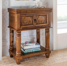 Load image into Gallery viewer, Hand Carved Elephant Wooden Nightstand, Rustic Acacia End Table with Storage Drawer and Shelf,Solid Wood
