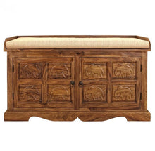 Load image into Gallery viewer, Hand Carved Elephant Wooden Entryway Bench, Rustic Storage Trunk with Padded Seat, Solid Wood
