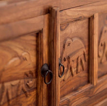 Load image into Gallery viewer, Hand Carved Elephant Wooden Entryway Bench, Rustic Storage Trunk with Padded Seat, Solid Wood
