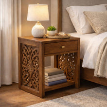 Load image into Gallery viewer, Indian Hand Carved Teak Wood Bedside Table with Drawer, wooden Nightstand, Rustic Walnut Finish
