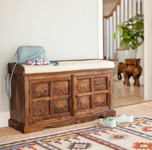 Load image into Gallery viewer, Hand Carved Elephant Wooden Entryway Bench, Rustic Storage Trunk with Padded Seat, Solid Wood
