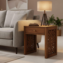 Load image into Gallery viewer, Indian Hand Carved Teak Wood Bedside Table with Drawer, wooden Nightstand, Rustic Walnut Finish
