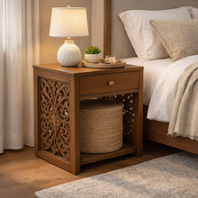 Load image into Gallery viewer, Indian Hand Carved Teak Wood Bedside Table with Drawer, wooden Nightstand, Rustic Walnut Finish
