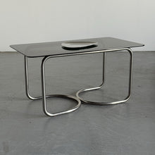Load image into Gallery viewer, Stainless Steel Modernist Smoked Glass Dining Table with Tubular Steel Loop Frame
