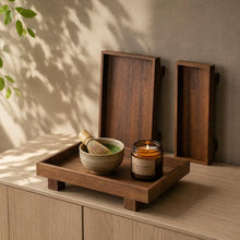 Load image into Gallery viewer, Wooden Display organizer Tray – Walnut Finish Pedestal Riser for Coffee Station – Bathroom Counter Organizer
