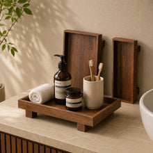 Load image into Gallery viewer, Wooden Display organizer Tray – Walnut Finish Pedestal Riser for Coffee Station – Bathroom Counter Organizer

