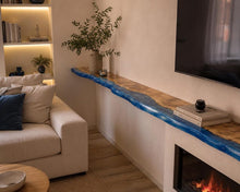 Load image into Gallery viewer, Premium Royal Epoxy Resin Floating TV Stand, Wooden Live Edge Trinket Shelves, River Edge TV Console Shelf
