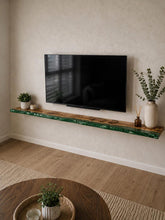 Load image into Gallery viewer, Premium Royal Epoxy Resin Floating TV Stand, Wooden Live Edge Trinket Shelves, River Edge TV Console Shelf
