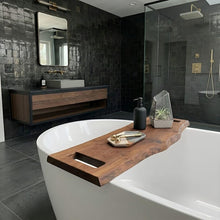 Load image into Gallery viewer, Live Edge Solid Wood Bathtub Tray, Wooden Bathtub Tray with Towel Holder,  Rustic Spa Bath Caddy, Bathroom Wood Shelf
