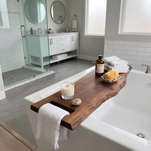 Load image into Gallery viewer, Live Edge Solid Wood Bathtub Tray, Wooden Bathtub Tray with Towel Holder,  Rustic Spa Bath Caddy, Bathroom Wood Shelf
