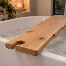 Load image into Gallery viewer, Wooden Bathtub Tray with Wine Glass Holder, Live Edge Bath Caddy, Custom Wood Finish, Rustic Bathtub Board, Spa Bathroom Decor
