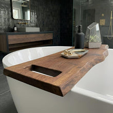 Load image into Gallery viewer, Live Edge Solid Wood Bathtub Tray, Wooden Bathtub Tray with Towel Holder,  Rustic Spa Bath Caddy, Bathroom Wood Shelf
