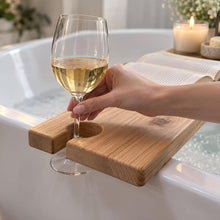 Load image into Gallery viewer, Wooden Bathtub Tray with Wine Glass Holder, Live Edge Bath Caddy, Custom Wood Finish, Rustic Bathtub Board, Spa Bathroom Decor
