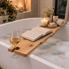 Load image into Gallery viewer, Wooden Bathtub Tray with Wine Glass Holder, Live Edge Bath Caddy, Custom Wood Finish, Rustic Bathtub Board, Spa Bathroom Decor
