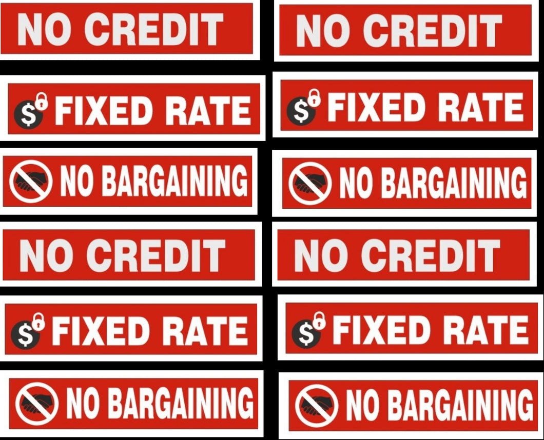 Fixed Rate No Credit No Bargaining Sticker Signage Sign Warning for Shop office Business - Combo Value Pack