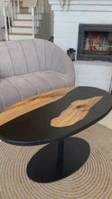 Load and play video in Gallery viewer, Epoxy Resin Black oval coffee table, rustic home decor, wooden side table, accent table, unique coffee table, rustic table, black river epoxy table
