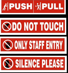 Push Pull Silence Please Do Not Touch Only Staff Entry Sticker Signage Sign Warning for Shop office Business - Combo Value Pack