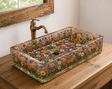 Load image into Gallery viewer, Luxury Epoxy Washbasin, Royal Resin Washbasin, Premium Epoxy Sink, Resin Sink , Unique Handmade epoxy Flower washbasin, Customization available for size and Flowers

