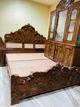 Load image into Gallery viewer, Royal handmade Wooden Carved Headboard and Base , luxury handmade wooden floral headboard.
