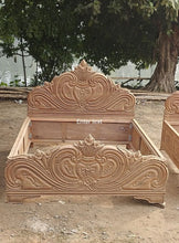 Load image into Gallery viewer, Royal handmade Wooden Carved Headboard and Base , luxury handmade wooden floral headboard.
